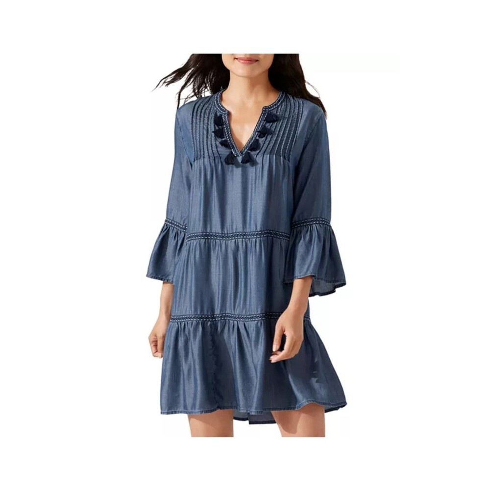 Tommy Bahama Chambray Embroidered Cover Up Women's Small/Medium Tassels READ!